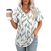 OFEEFAN Womens T Shirts V Neck Short Sleeve Casual Tops Loose Fit Basic Tees with Curved Hem