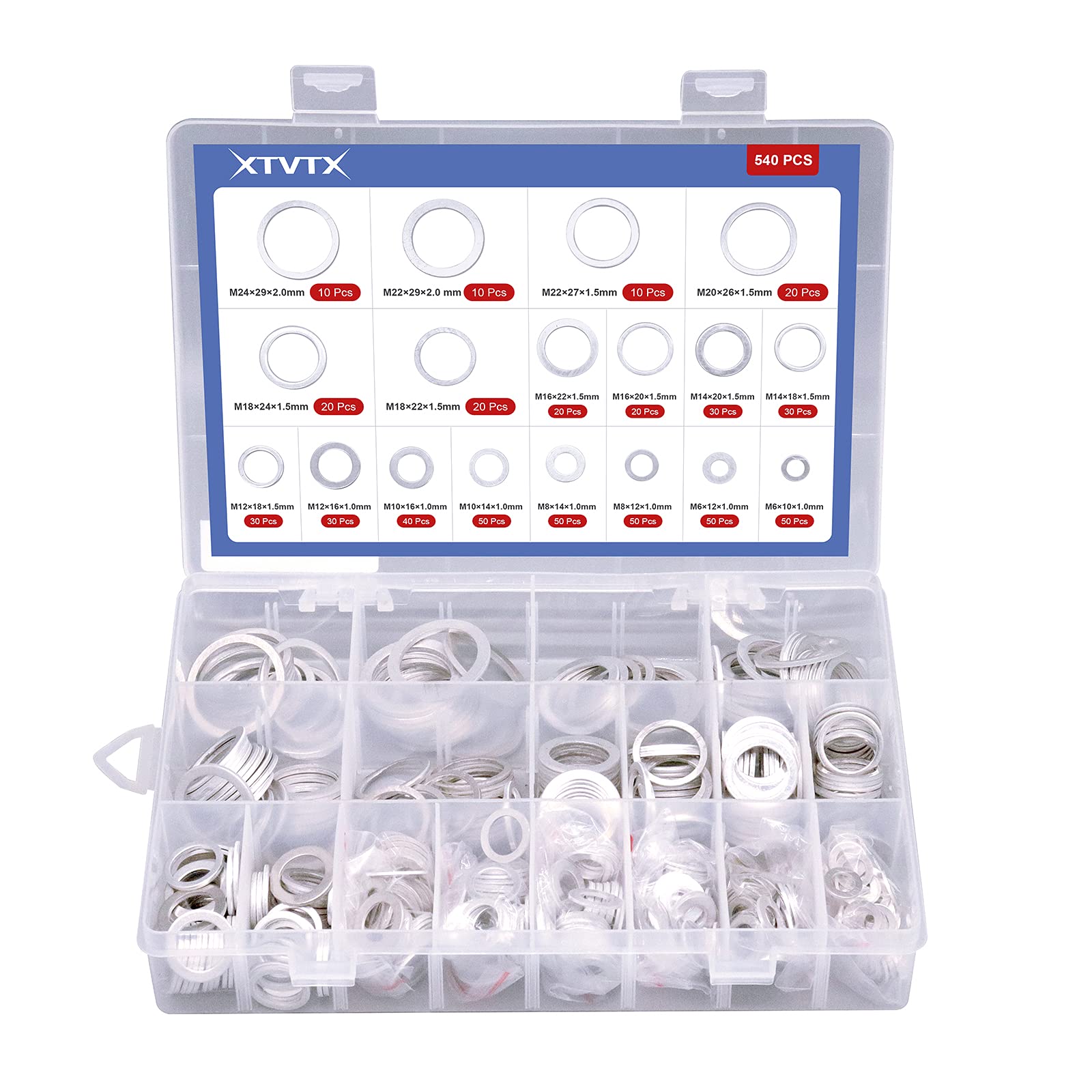 XTVTX 540PCS 10 Sizes Automotive Oil Drain Gaskets Aluminum Flat Washer Assortment Kit (M6 M8 M10 M12 M14 M16 M18 M20 M22 M24)