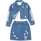 WDIRARA Girl's 2 Piece Outfits Ripped Button Down Jacket Elastic Waist Denim Skirt Set