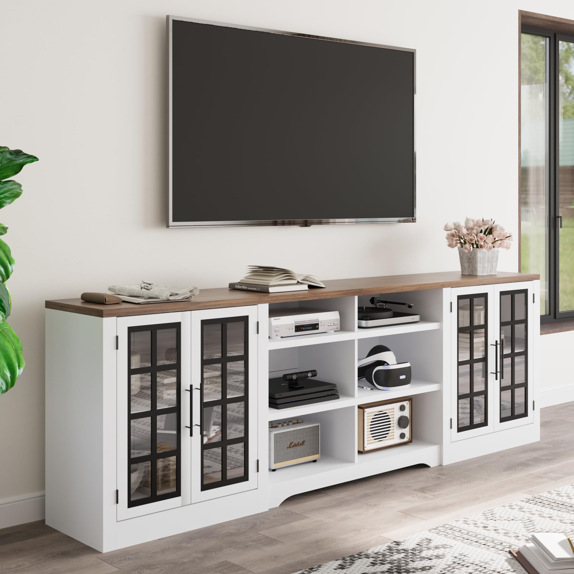 Mekminop 94.5 inch TV Stand for TVs up to 100", Entertainment Center Console Table with Closed Storage Cabinet and 3-Tier Open Shelves, Farmhouse TV Console for Living Room, White