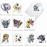 The Best Card Company Assorted Wildlife Watercolor Blank Card Box Set - Incl. 10 Animal Designs Notecards + Envelopes for Thank You, Invitations, More - Funky Colorful Creatures AM6749OCB-B1x10-NB