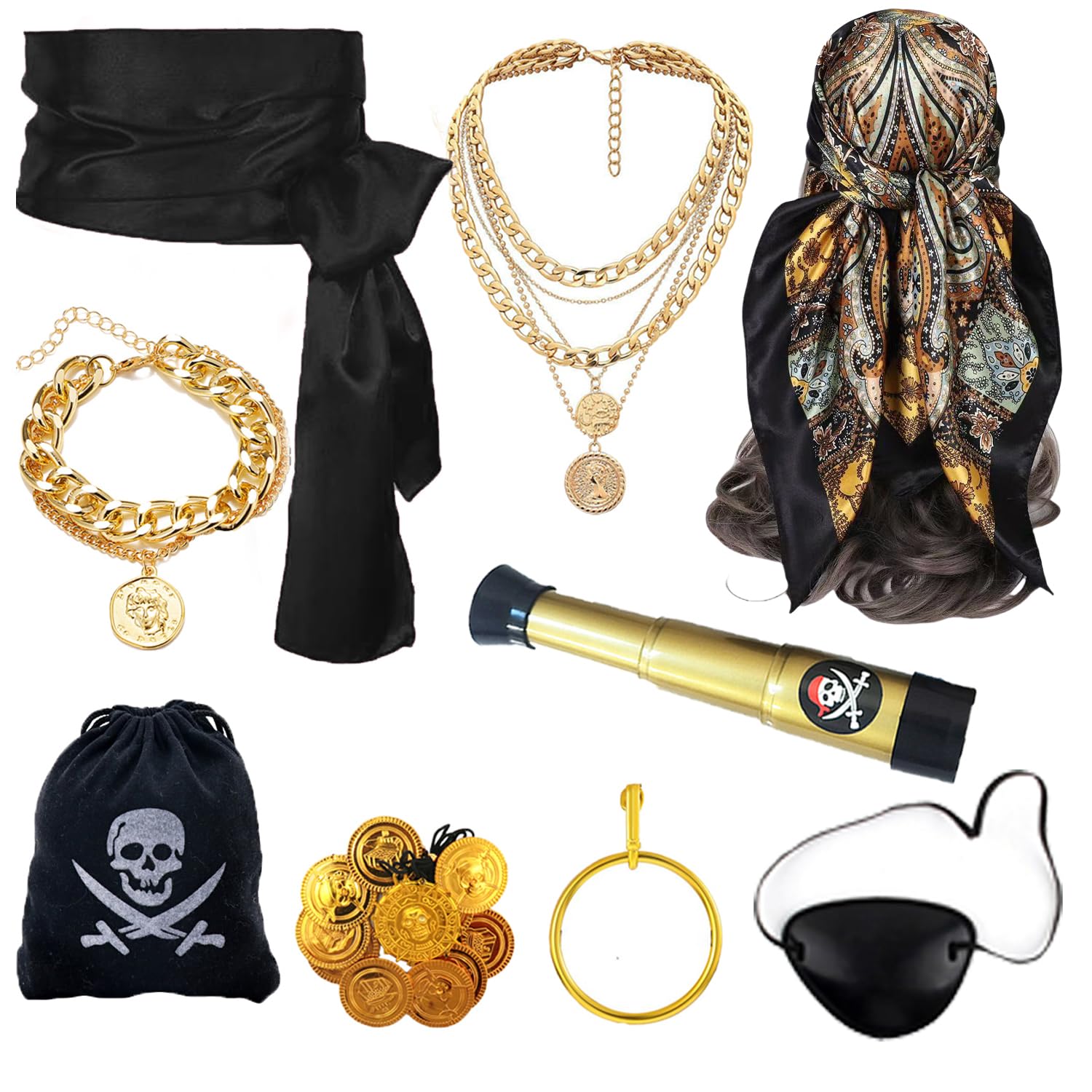 Photo 1 of UYY 9PCS Pirate Costume Accessories for Men Women Bandana,Head Scarf,Sash,Belt, Necklace,Bracelet,Earring,Binocular,Coins (Black)