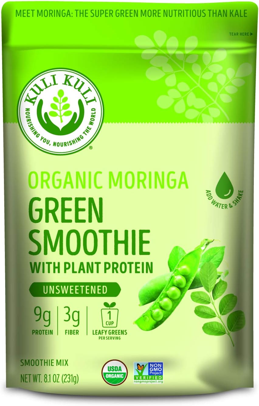 Kuli Kuli Organic Moringa Greens Smoothie Mix, Plant-Based Superfood Protein Smoothie Mix, Unsweetened, Vegan and Gluten-Free with 8g Pea Protein and 1 Cup Greens Per Serving, 8.1 Ounce