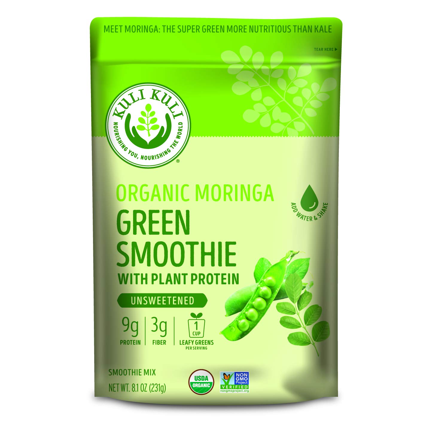 Kuli Kuli Organic Moringa Greens Smoothie Mix, Plant-Based Superfood Protein Smoothie Mix, Unsweetened, Vegan and Gluten-Free with 8g Pea Protein and 1 Cup Greens Per Serving, 8.1 Ounce