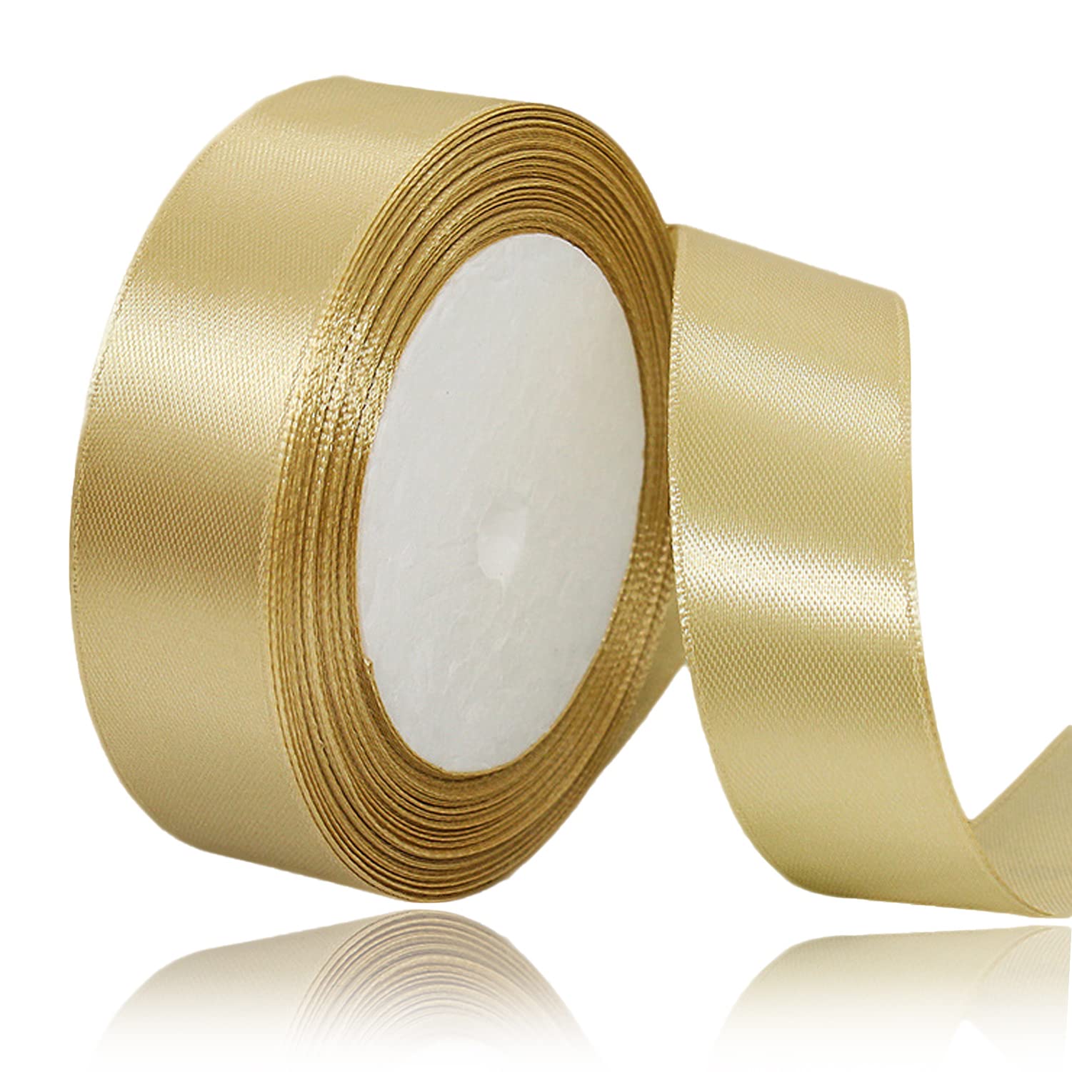 Gold Satin Ribbon 25mm x 23 Meters, Solid Color Fabric Present Ribbon for Crafting, Gift Wrapping, Bows Making, Floral Arrangement, DIY Sewing Projects, Bridal Bouquet and Festival Decoration