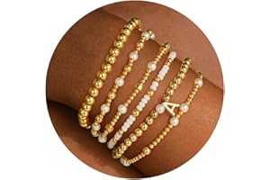 Turandoss 6PCS Beaded Initial Bracelets for Women Girls Jewelry Gifts - 18K-Gold-Plated Beaded Initial Letter Bracelet for Girls Women Initial A-Z Stretch Bead Stackable Bracelet Jewelry Set Gifts