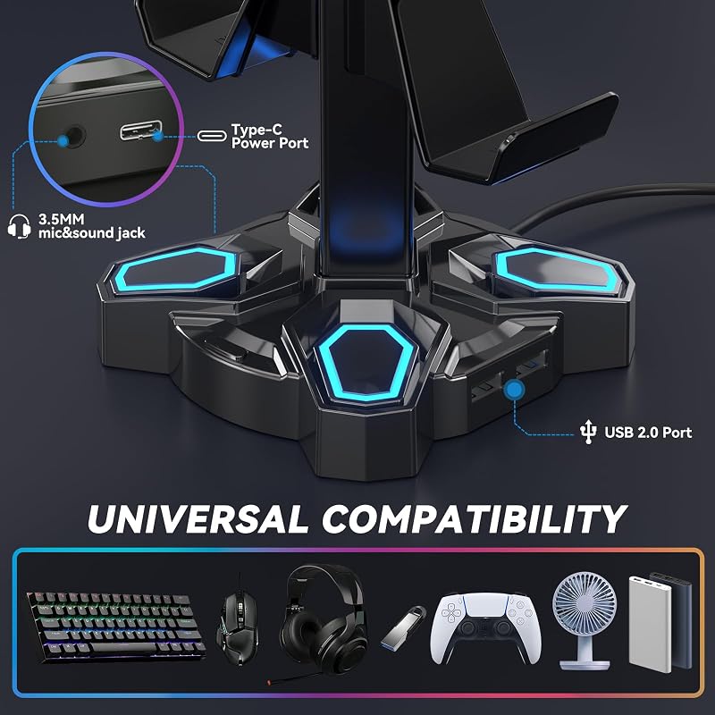Support Casque Gamer, Porte Casque Rotatif avec 9 Modes de Lumière, Support Manette avec 2 Ports USB, Port 3.5 mm et Type C, Repose Casque & Porte Manette pour PS5 PS4 Xbox Series X One; Noir
