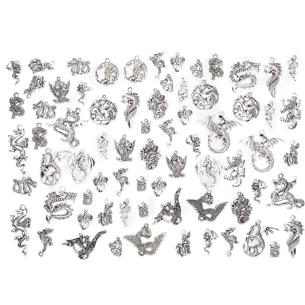 70Pcs/Set Silver Pendant Charms, Jewelry Making Charms Dragon Pattern Silver Metal Charms Pendants DIY for Necklace Bracelet Jewelry Making