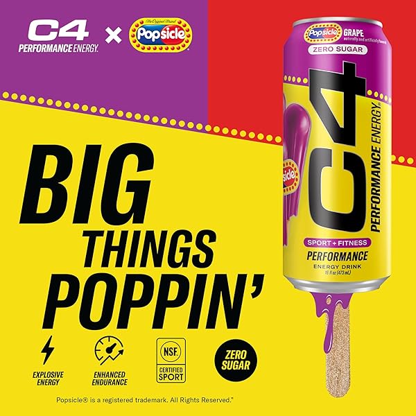 C4 PERFORMANCE ENERGY DRINK, GRAPE POPSICLE, ZERO SUGAR CARBONATED PREWORKOUT ENERGY, 200MG CAFFEINE WITH BETA ALANINE, 16 FL OZ (12 PACK)