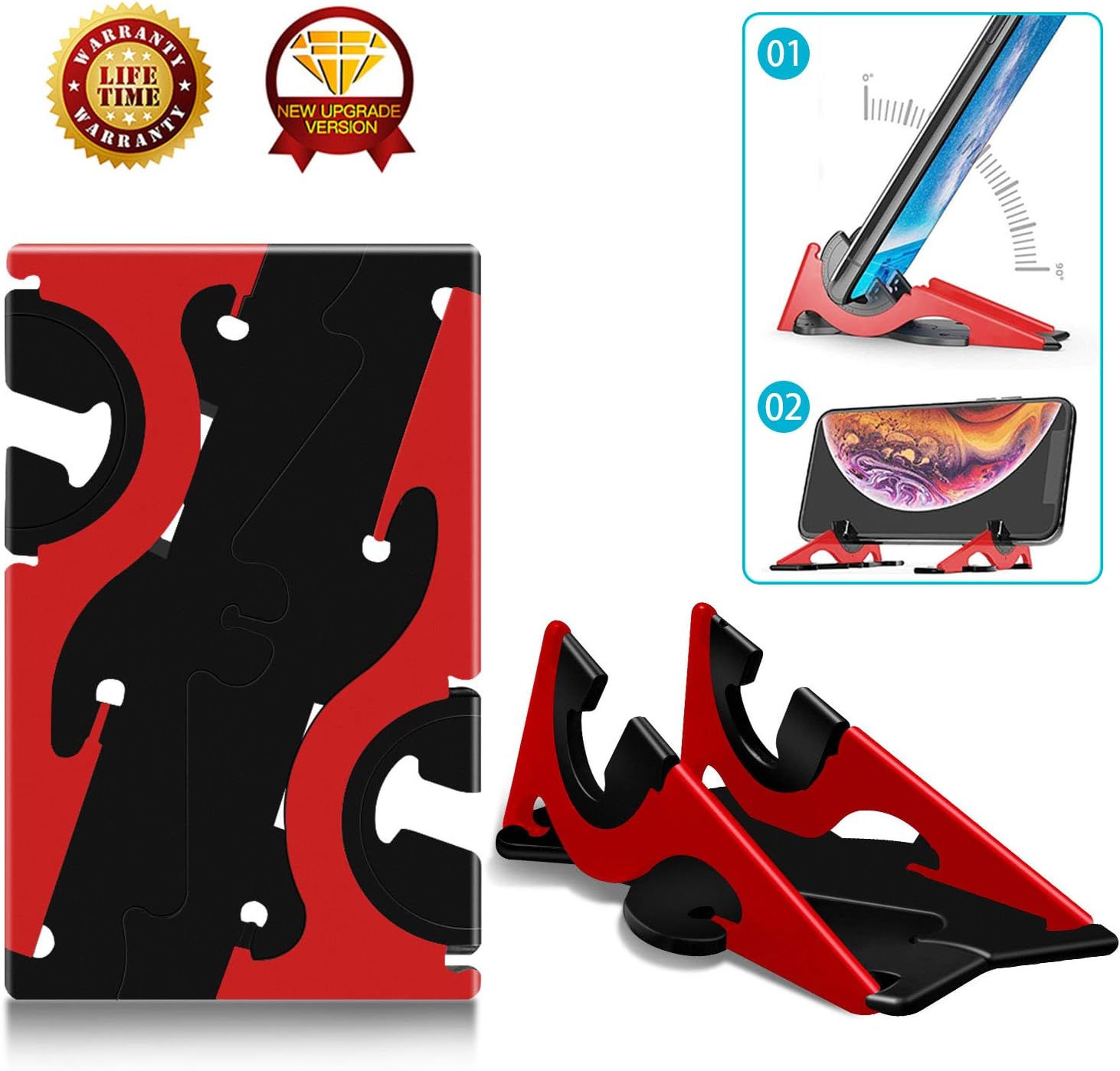 Portable Phone Stand, Folding Pocket Size Phone Stand, Universal Adjustable Card Type Mobile Phone Stand, Light Flexible Plastic Phone Stand, Desk Phone Stand for iPhone/Android Phones-Red