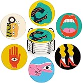 Britimes Coasters for Drinks, Set of 6, Ceramic Stone, Colorful Geometric | Vintage Music Funny Absorbent Round Table Mat with Cork Base and Metal Holder Gift for Housewarming Room Bar Decor