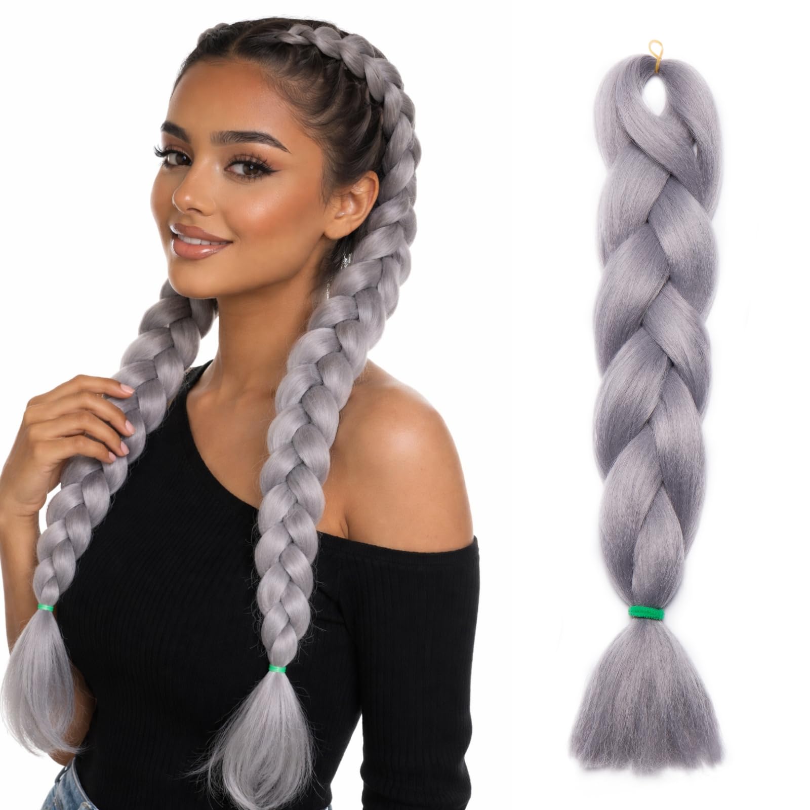 Benehair 24 Inches Braiding Hair Long Braids Extensions Hair Colorful Synthetic Hair for Braid Human Braiding Hair Gray Hair Extensions for Women(Gray, 100g)