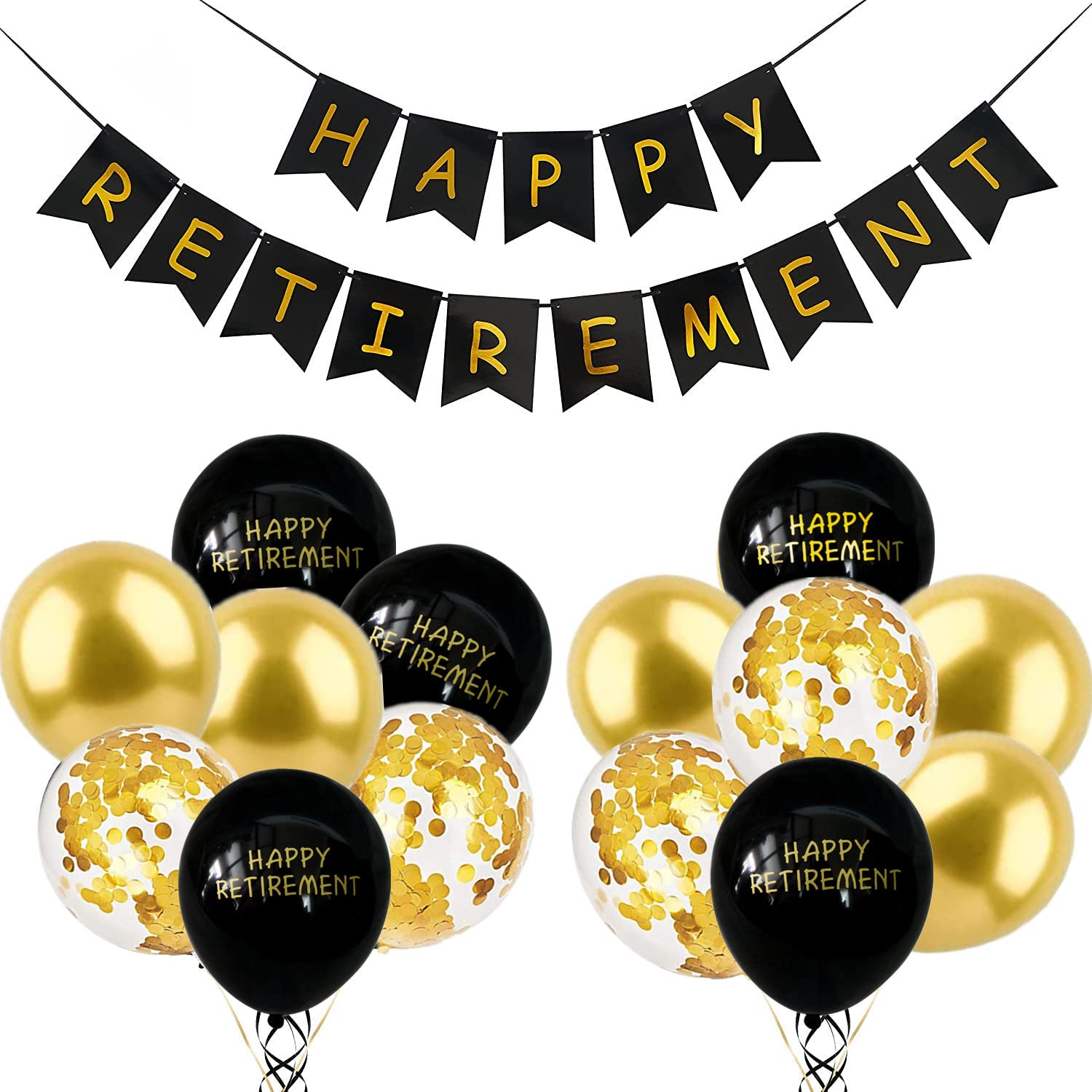 Black Gold Happy Retirement Banner - Gold Confetti & Latex Balloons for Office Farewell Party Supplies
