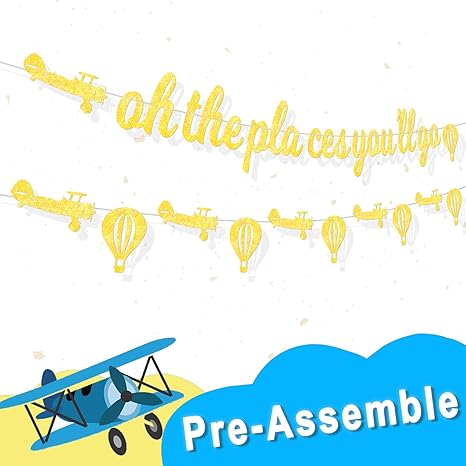 Amazon Com Oh The Places You Ll Go Banner Glitter Plane Hot Air
