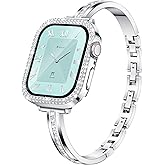 Missair Bands Compatible for Apple Watch Band 40mm 41mm 44mm 45mm with Screen Protector Case, Slim Metal Dressy Jewelry Bracelet Strap with Bling Diamond Cover for iWatch Series 9 8 7 6 5 4 for Women
