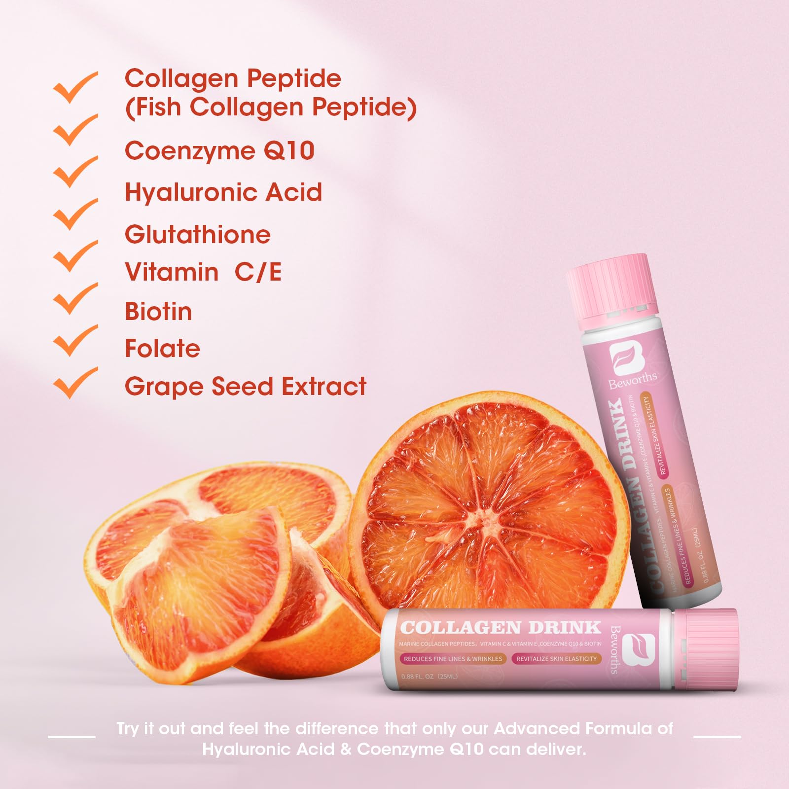 Liquid Collagen Peptides Drink, Liquid Collagen and Biotin Supplement for Women with Coenzyme Q10, Hyaluronic Acid, Biotin, Vitamin C, E - Support Revitalize Skin Elasticity, Hair Nail & Smooths