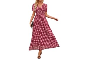 Polka Dot Dress for Women 2026 Summer V Neck Empire Waist Chiffon Maxi Long Dresses with Pockets Wedding Guest Party Beach