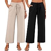 Neer 2 Pack Women’s Linen Pants with Pocket, Casual Summer Drawstring Beach Pants High Waisted Wide Leg Loose Palazzo Trouser