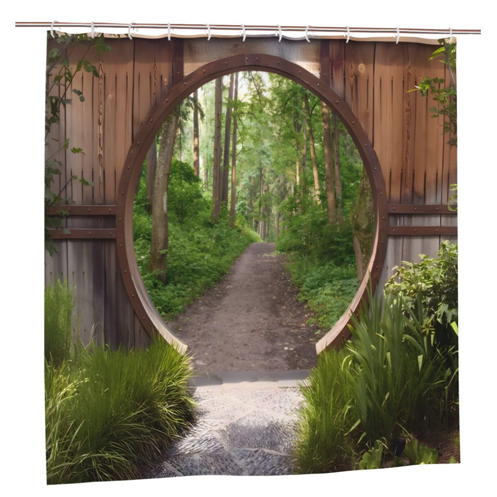 Japanese Garden Shower Curtain, Authentic Circle Rustic Doorway, Gate Opening to forest Bath Curtain, Outdoor Waterproof Farmhouse Shower Curtains for Bathroom Decor with 12 Hooks, 180x180cm
