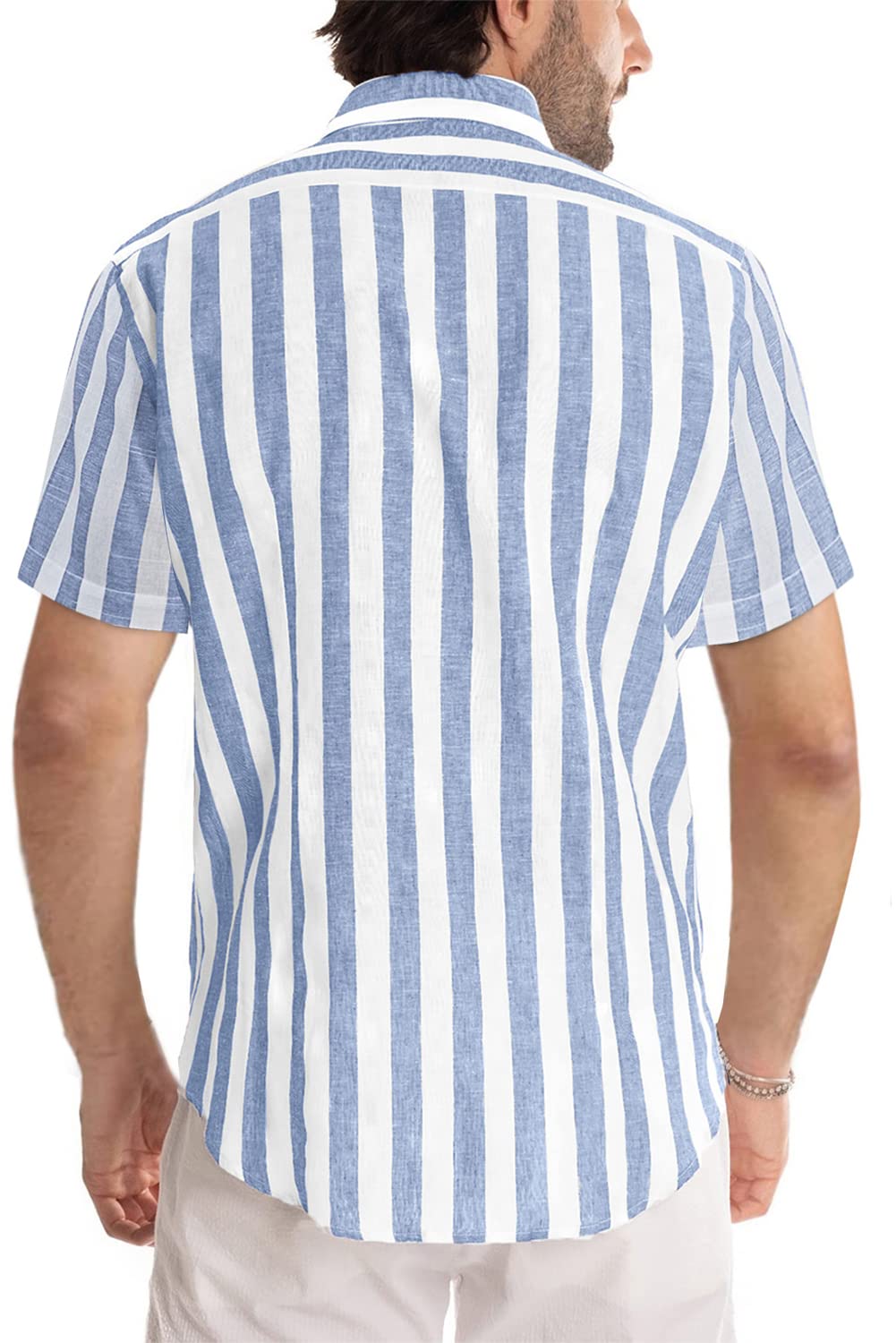 JMIERR Men's Casual Stylish Short Sleeve Button-Up Striped Dress Shirts Cotton Beach Shirt