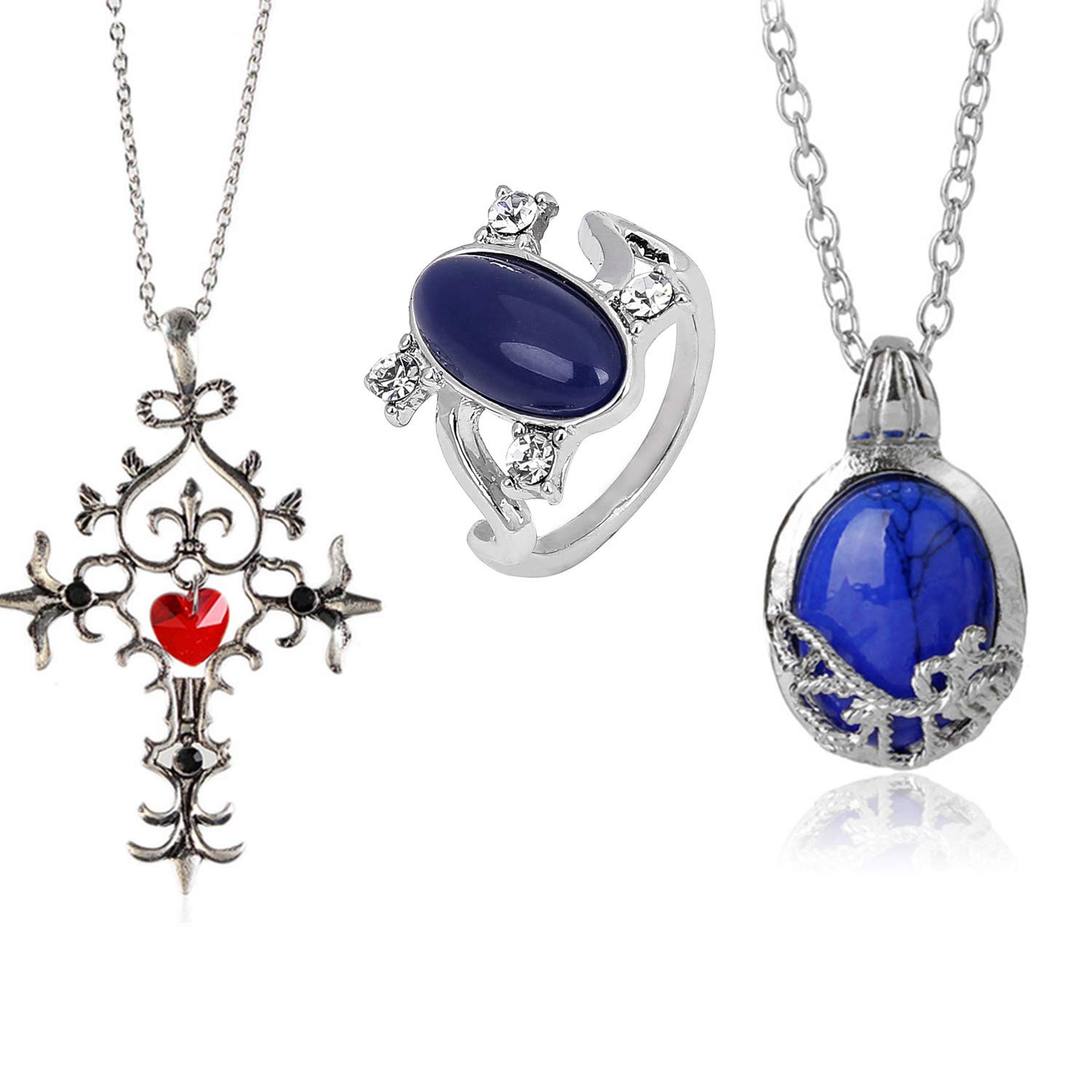 PPX 3 Packs Unisex Vampire Diaries Elena Sapphire Crystal Daylight Ring and Katherine Sapphire Crystal Pendant Daywalking Necklace for Fans