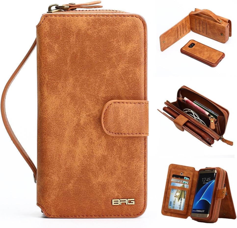 Galaxy S7 Wallet Case, Galaxy S7 Case, [Magnetic Detachable] PU Leather Case Protective Flip Folio Removable Cover Zipper Purse Clutch with [11 Card Holder] [Mirror] for Samsung Galaxy S7 - Brown