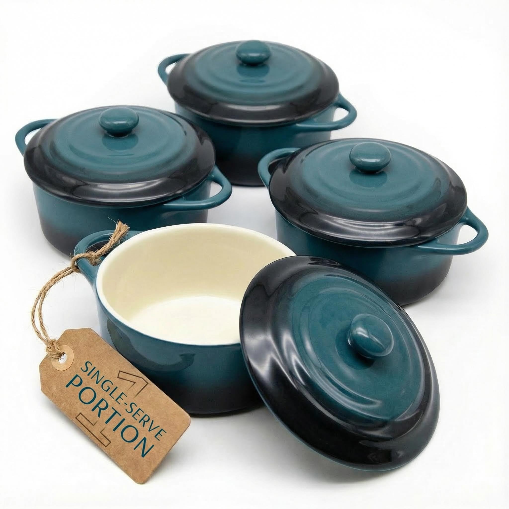 Kook Ceramic Mini Cocotte Set, Small Casserole Dishes with Lids and Handles, Individual Baking Ramekins, Oven, Microwave & Dishwasher Safe, Stoneware, 12 oz, Set of 4, (Stone Ombre)