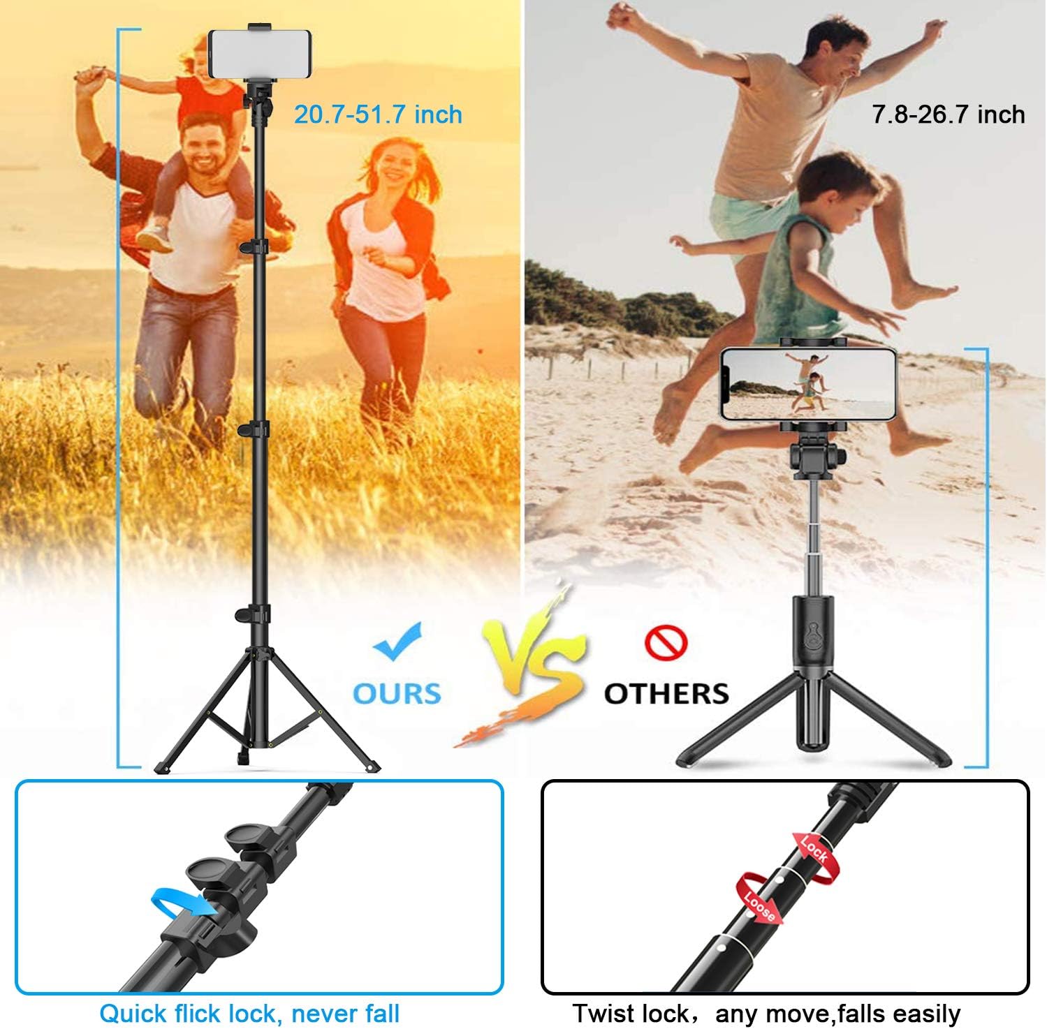 Professional 2 in 1 Selfie Stick Tripod, Extends to 51.6 inch Stable Travel Video Stand with Bluetooth Remote - Image 3
