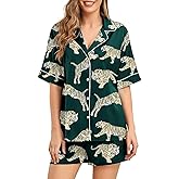 Brosloth Womens Silk Pajama Sets Shorts Button Up Animal Print Pajamas Satin Pjs Short Sleeve Summer Sleepwear Set