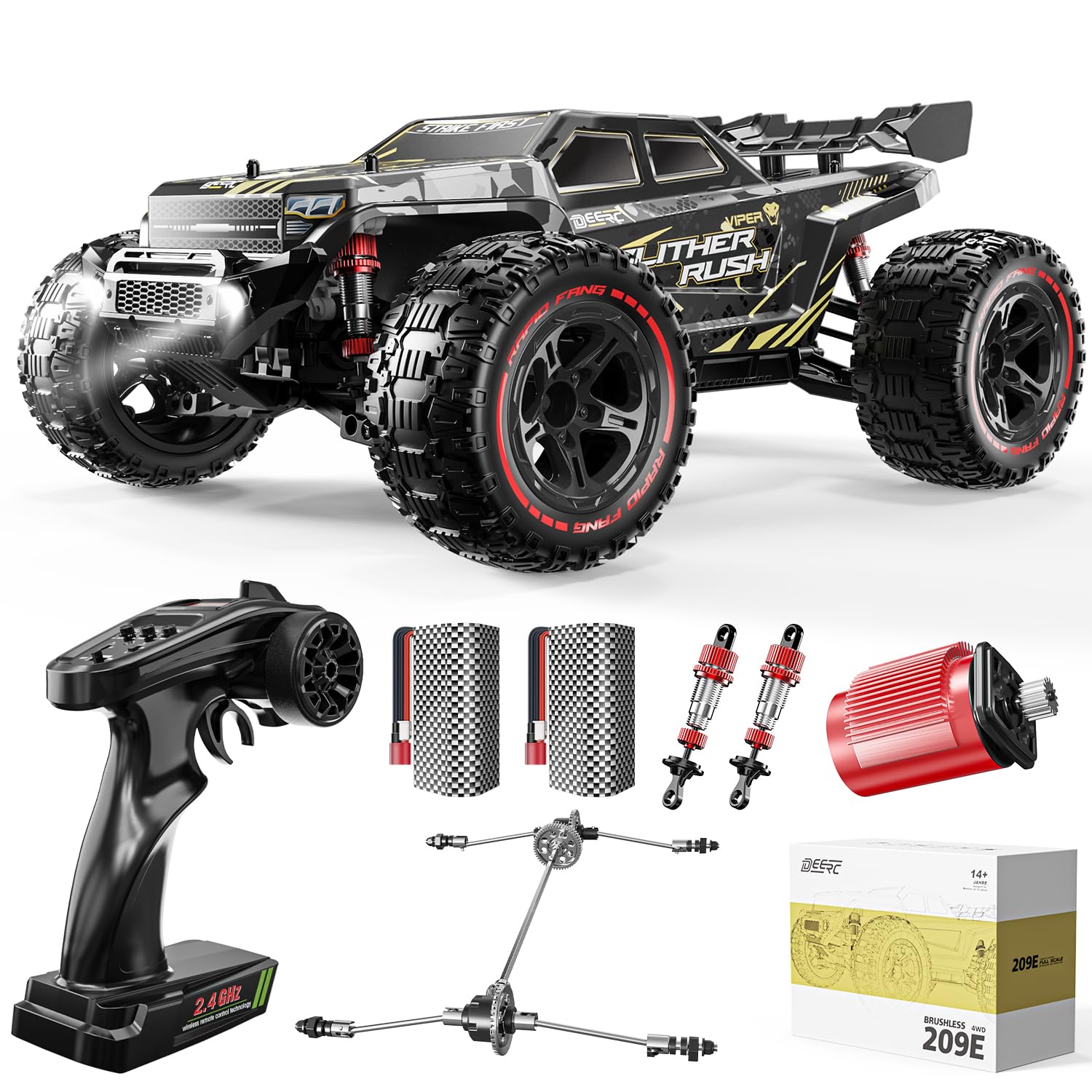 DEERC 209E 1:10 Fast Brushless RC Car for Adults & Boys, 60+ KMH High Speed 4WD Off-Road Remote Control Truck with 2 x 3S Batteries & Extra Swing Arms, Hobby Grade Racing Car, RC Crawler Gift