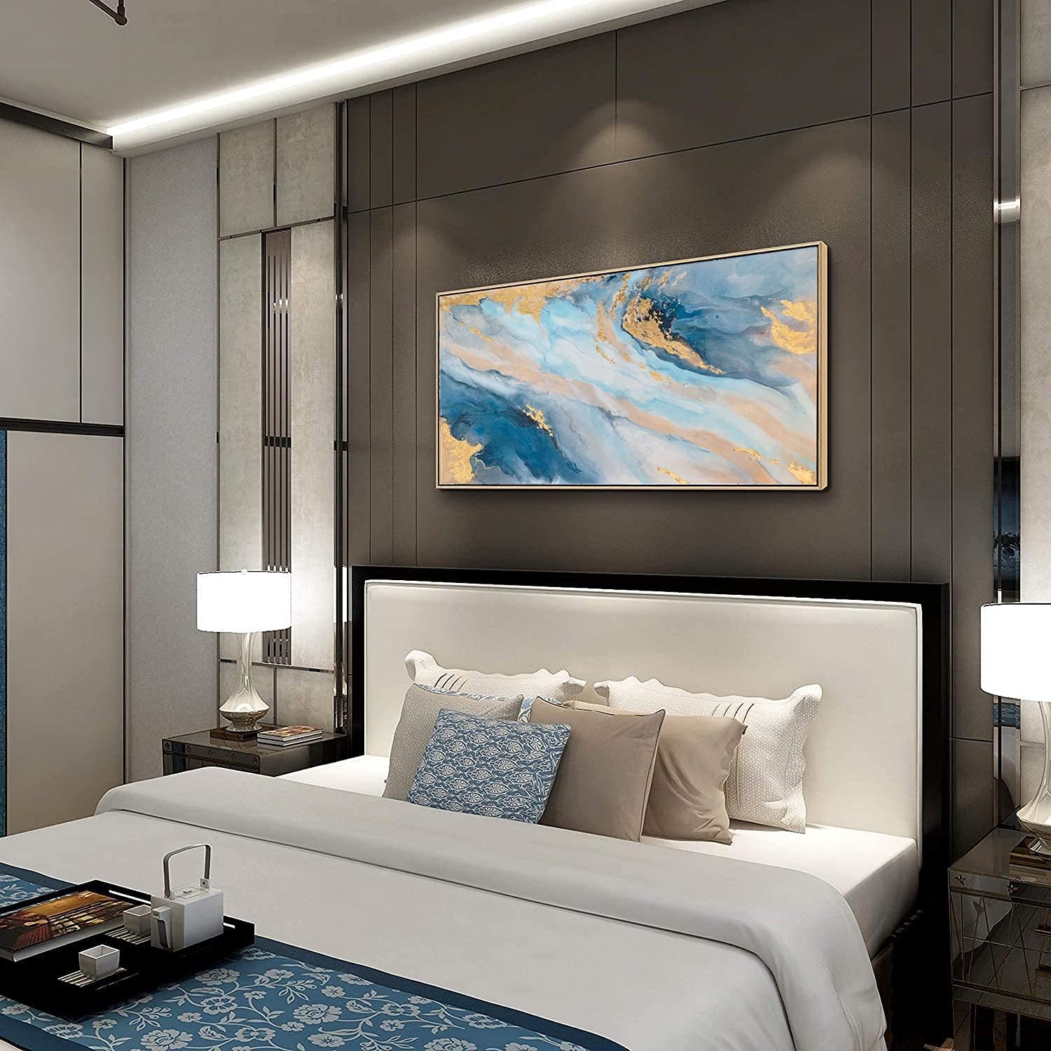 Paintings - ARTLAND Canvas Wall Art for Living Room Modern Navy Blue Abstract Mountains Painting Landscape Artworks for Bedroom Bathroom Kitchen Wall Décor Framed Ready to Hang 20x40 inches