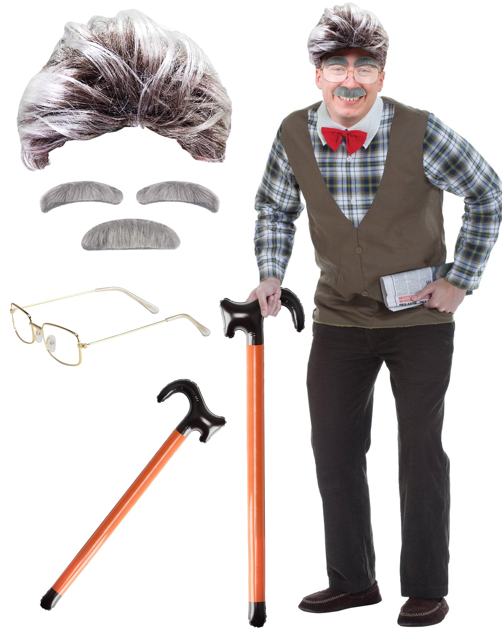 BIQIQI Old Man Costume Old Man Wig, Mustache, Eyebrows, Round Glasses and Inflatable Walking Stick, Men Halloween Carnival Novelty Props Old Professor Mad Scientist Albert Einstien Grandpa Costume
