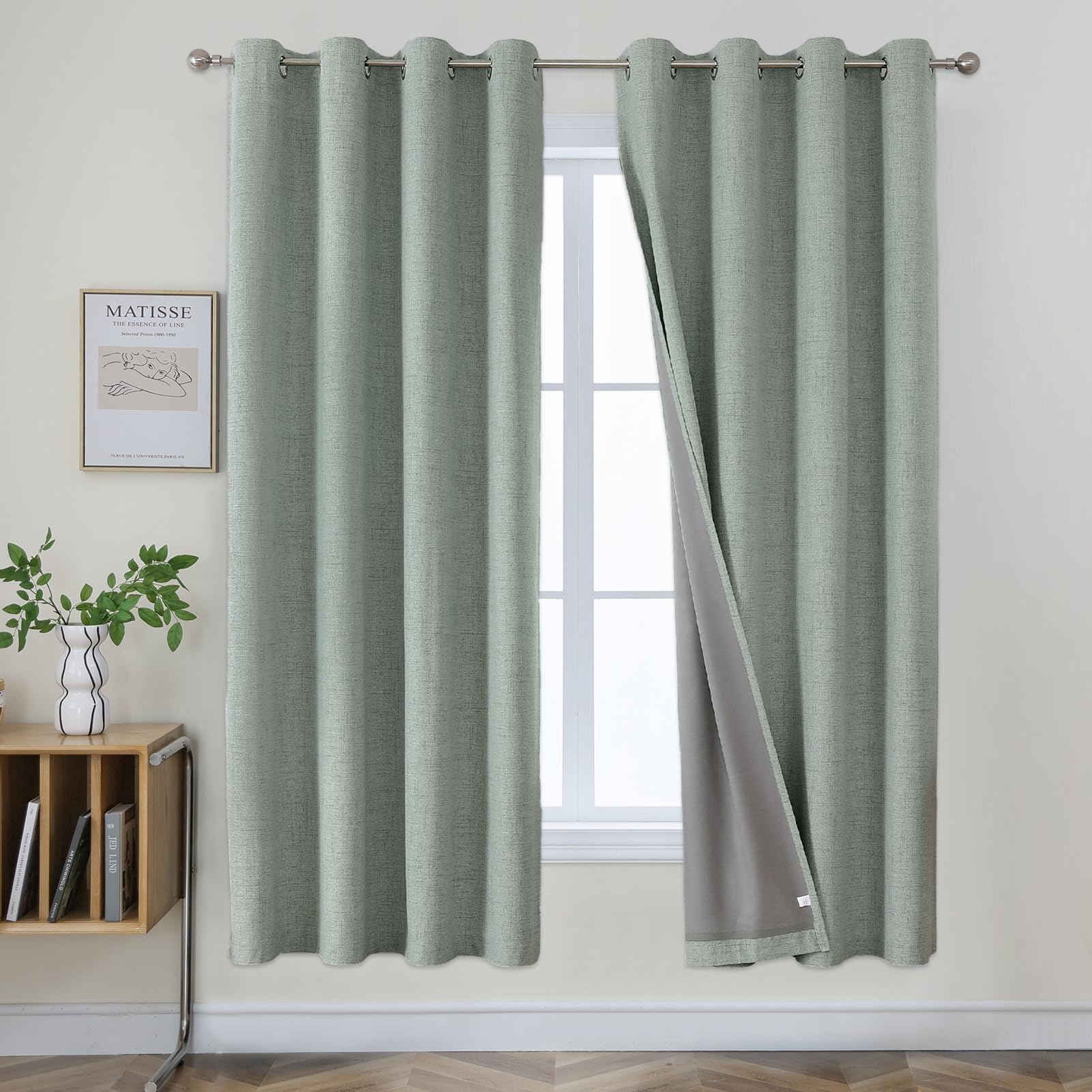 Joydeco 100% Blackout Lined Curtains Bedroom W55 x L69 Inch Drop, Faux Linen Textured Thermal Insulated Eyelet Curtains with Coating Back Layer for Living Room Bedroom, Sage Green - 2 Panels
