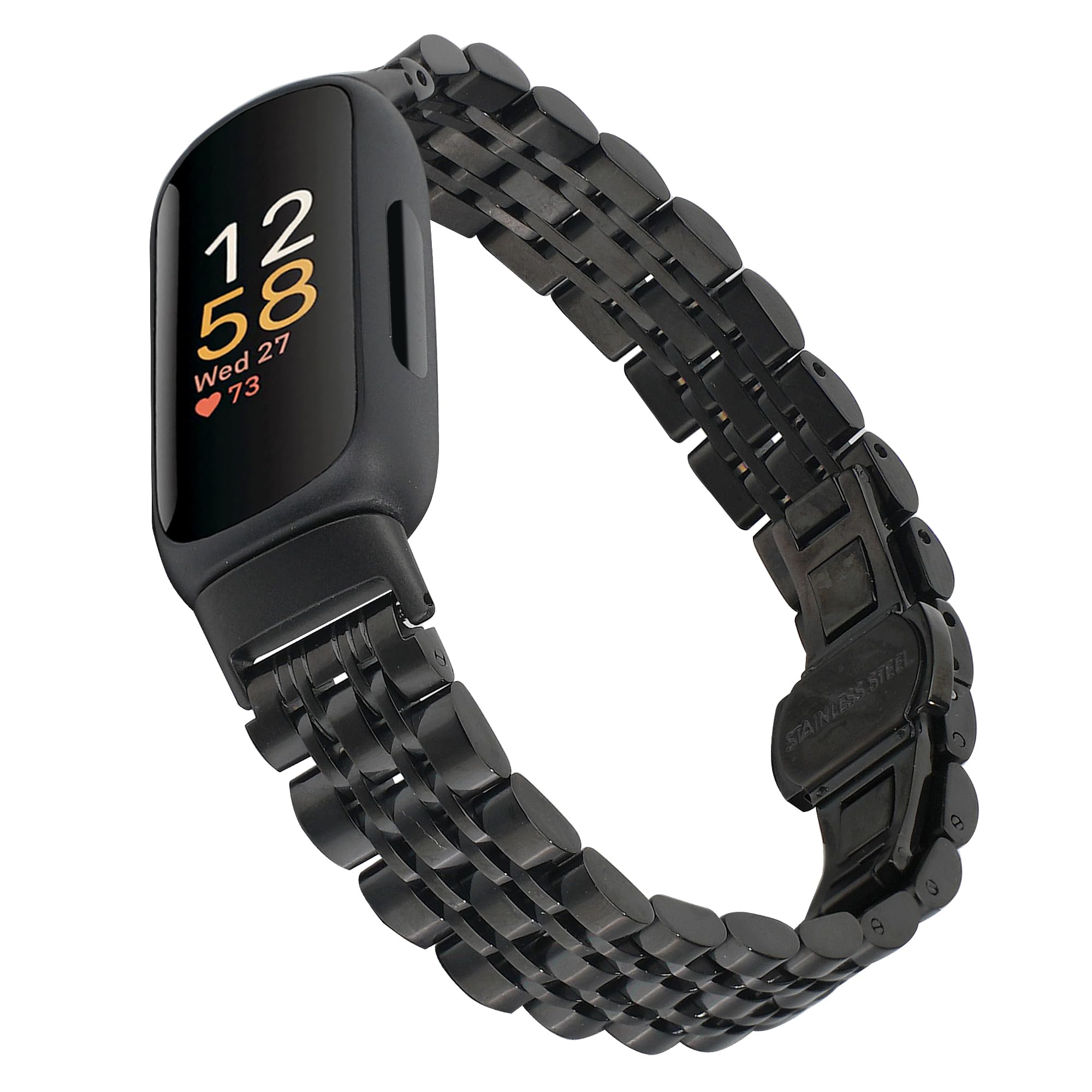 Wongeto Metal Stainless Steel Watchband Compatible With Fitbit Inspire 3 for Women, Replacement Bracelet Strap (Black)
