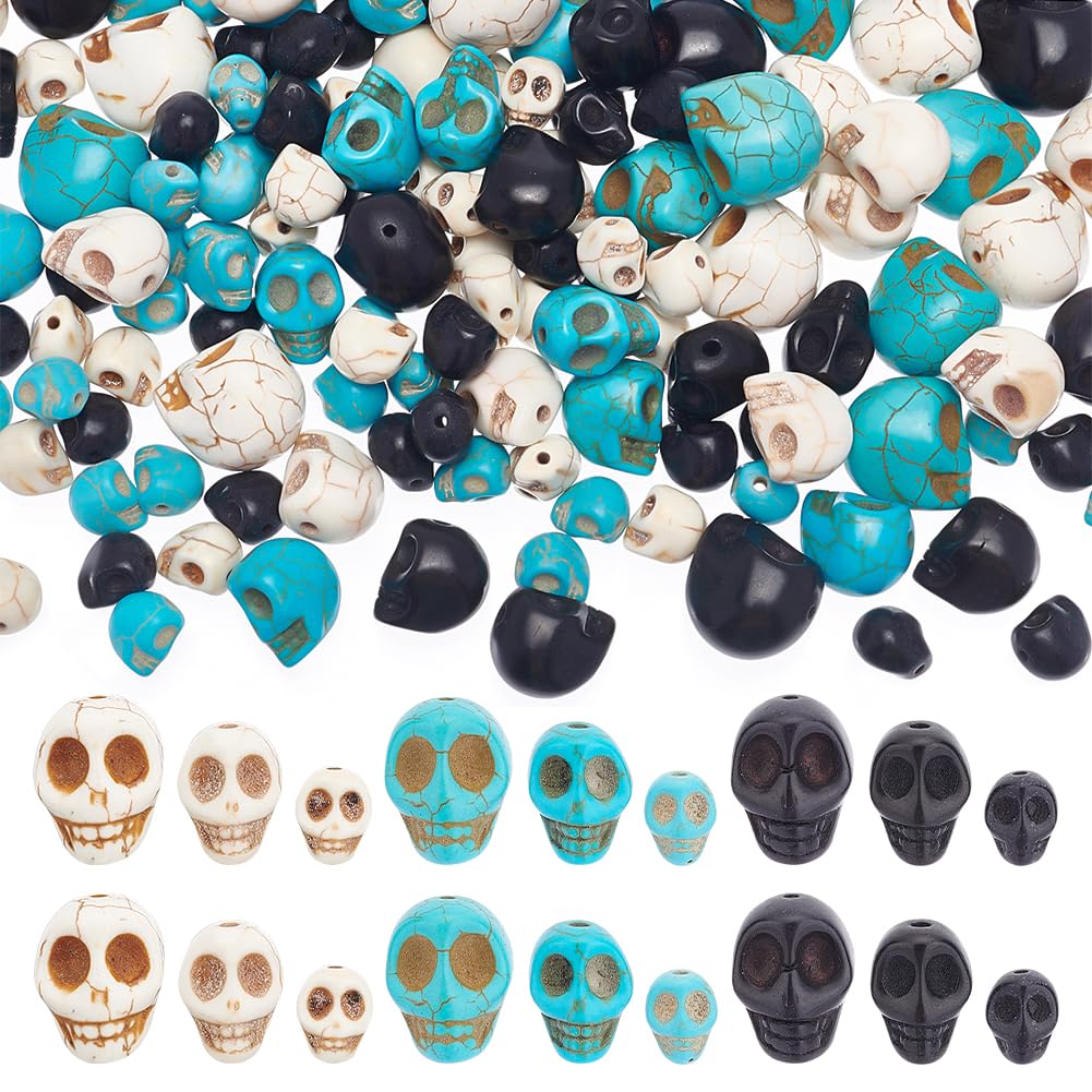 arricraft 144 Pcs 4 Sizes Skull Beads, Synthetic Turquoise Skull Head Beads Loose Spacer Beads Charm for Bracelet Necklace Jewelry DIY Craft Making Halloween Decoration