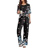 Ekouaer Pajamas for Women Set Short Sleeve Printe Lounge Sets Soft Pjs Round Neck Loungewear with Pockets S-XXL