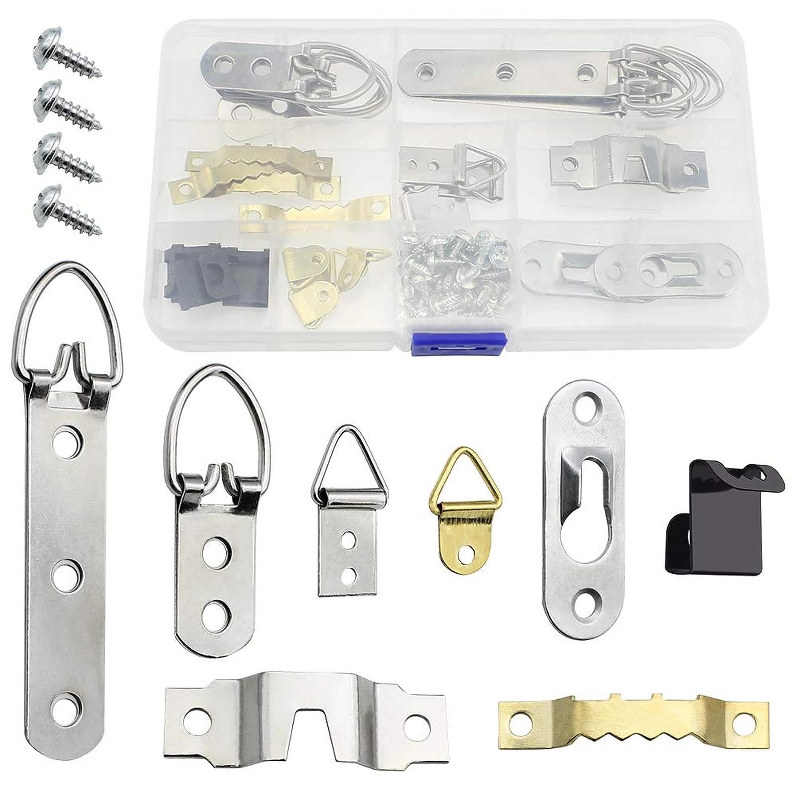 NewZC 92 PCS Photo Frame Hanging Hooks Kit with Screws Assorted Picture Hangers Kit 8 Models Metal Photo Frame Hooks for Home Office Photo Picture Painting Hanging