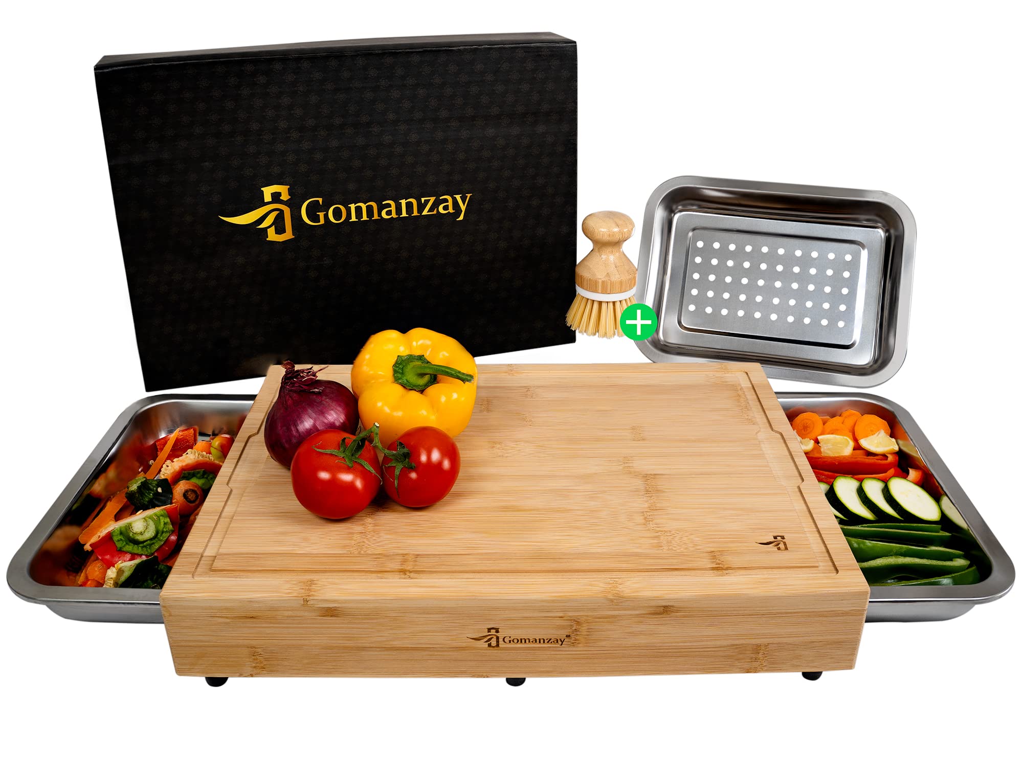 GOMANZAY® Premium chopping board with 2 drip trays and 1 drip tray, XXL bamboo chopping board with juice groove, wooden board with 3 bowls, incl. brush and gift packaging