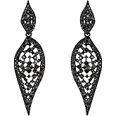 EVER FAITH Sparkly 2 Leaf Drop Hollow-out Crystal Chandelier Earrings Vintage Art Deco Dangle Cilp-on Earring for Women Black Black-Tone