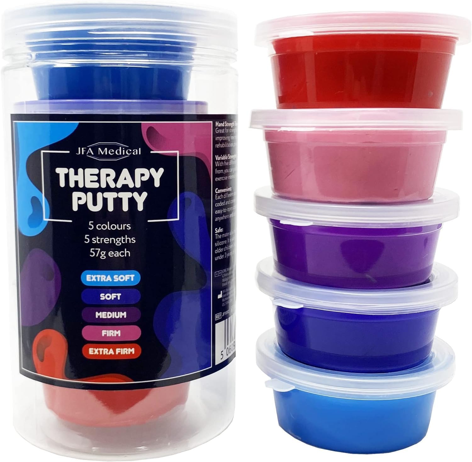 JFA Medical Therapy Exercise Putty 5 Strengths Alternative Colours - Extra Soft, Soft, Medium, Firm, Extra Firm 57g Tubs