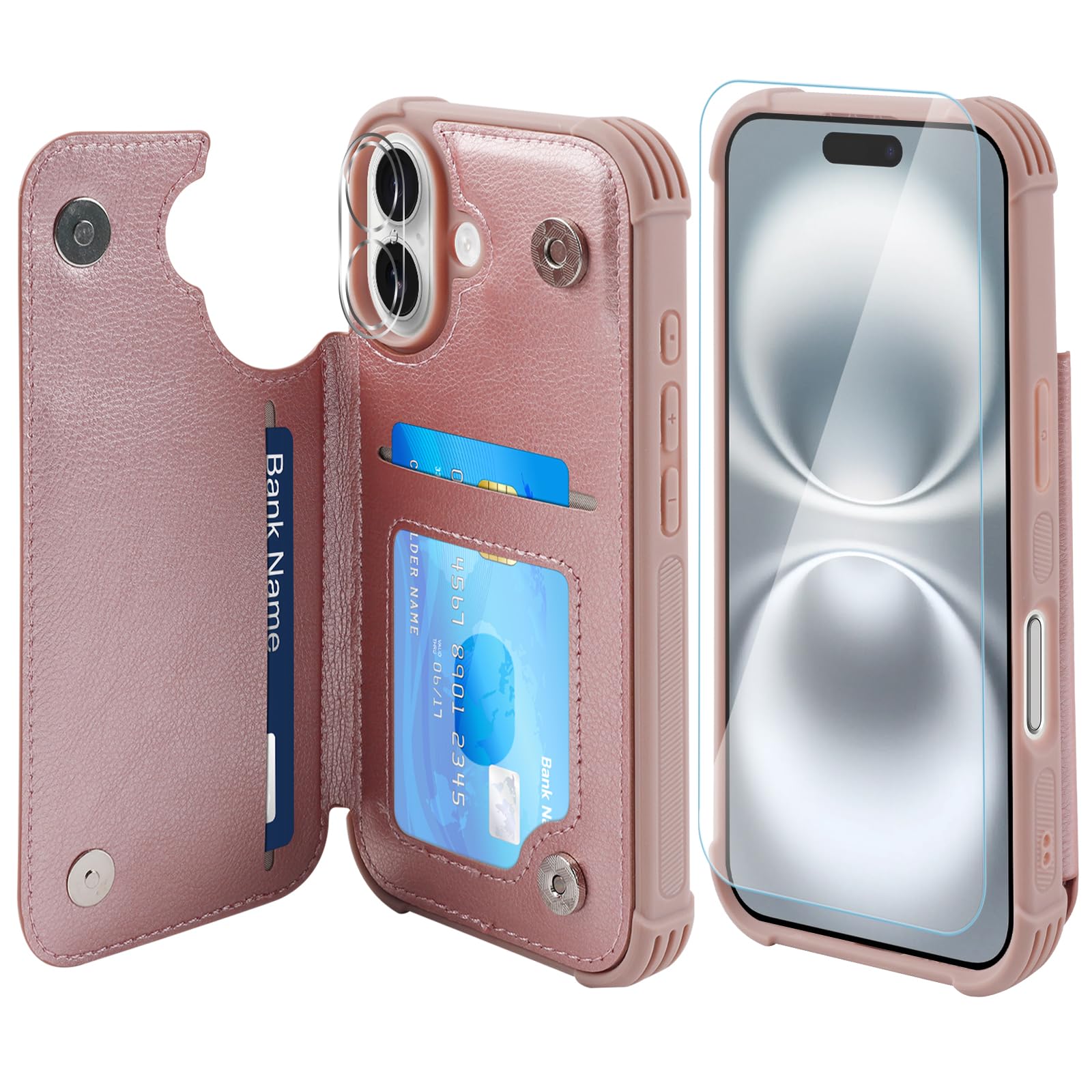 VANAVAGY Compatible for iPhone 16 Wallet Case with Credit Card Holder,Rfid Block Leather Flip Folio Phone Cover Fits Magnetic Car Mount and Stand with Screen Camera Protector,Rose Gold
