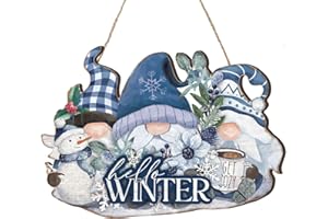FairySandy Hello Winter Door Sign Winter Gnome Door Decor Wooden Welcome Wall Hanging Plaque for Winter Front Porch Yard Indoor Outdoor Decorations