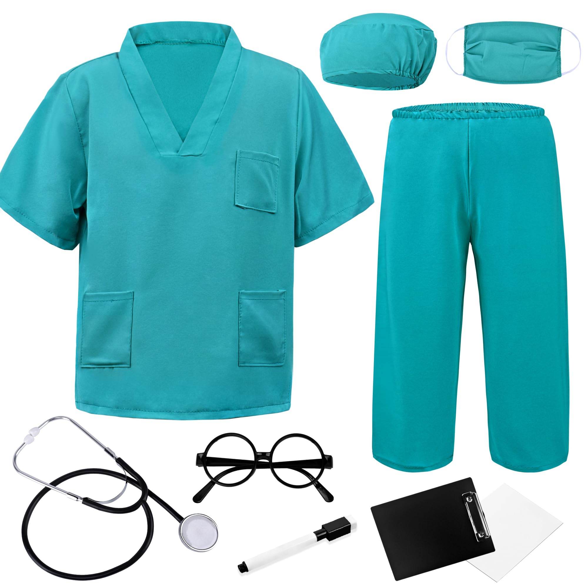 ZZIHAN Kids Doctor Costume Green Medical Scrubs Outfit with Stethoscope, Mask & Cap & Glasses,for Halloween, Career Day & Pretend Play, Nurse, Dentist & Vet Dress-Up for Toddler Boys & Girls 3-4T