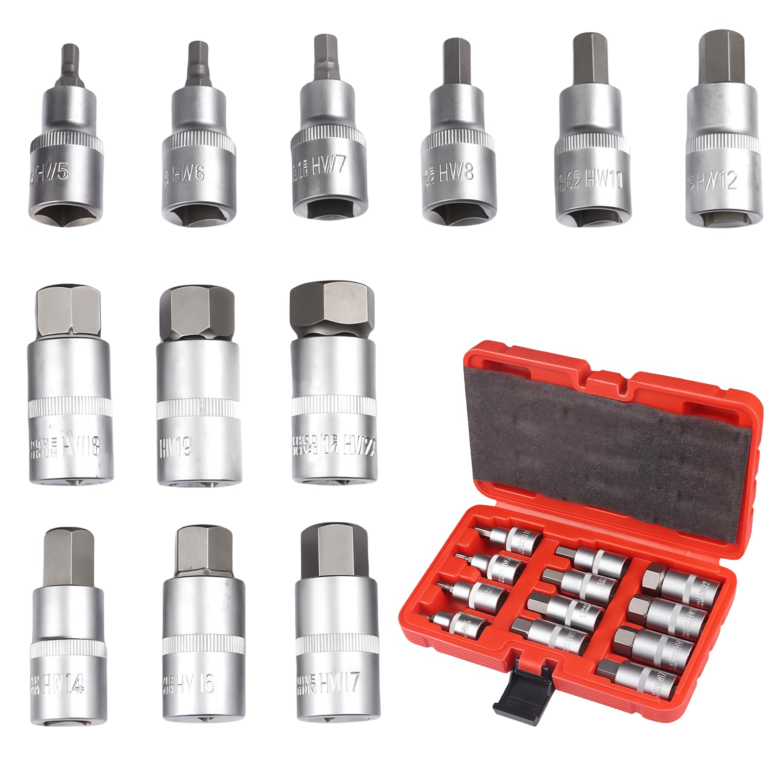 12-tlg Inbus Nuss Satz 1/2'' mit Kunststoffkoffer, Innensechskant Inbus Stecknüsse Set 5-22 mm, 1/2 Zoll für Inbus, Sechskant-Bit-Set 5-22 mm