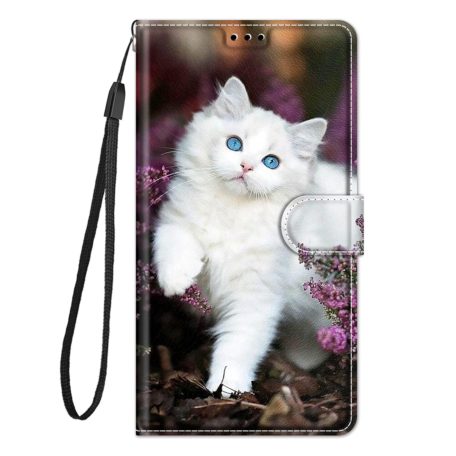 Guxira Flip Case for Xiaomi Redmi Note 10 PRO/Note 10 PRO MAX Cute Pattern Protective Leather Cover, Wallet Case with Lanyard [Card Slots] [Kickstand] [Silicone Shockproof Inner Shell] - White Cat