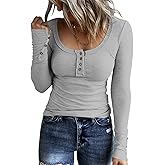 KINLONSAIR Women’s Long Sleeve Henley T Shirts Button Down Slim Fit Tops Scoop Neck Ribbed Knit Shirts