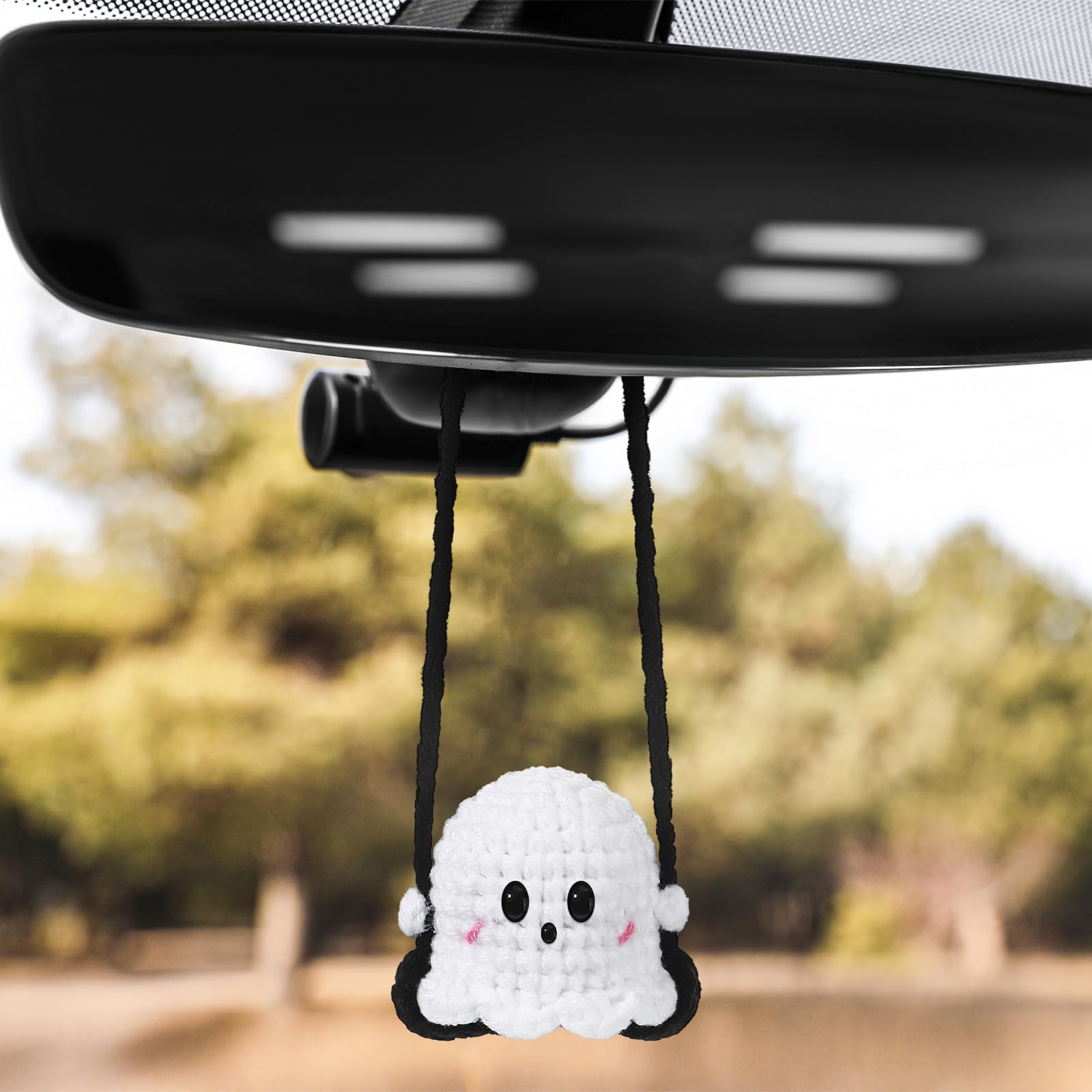 Photo 1 of Fanfanwin Halloween Crochet Car Ornament Ghost Sit on Swing Knitted Rear View Mirror Accessories Halloween Car Decoration Spooky Decor Gift Cute Pendant Interior Decor for Women Girls Teens