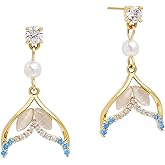 Frigotine Gold Mermaid Tail Dangle Drop Stud Earrings for Women, Trendy Dainty Pearl Rhinestone Fish Tail Dangling Earing Prom Oceans Sea Jewelry Gift.