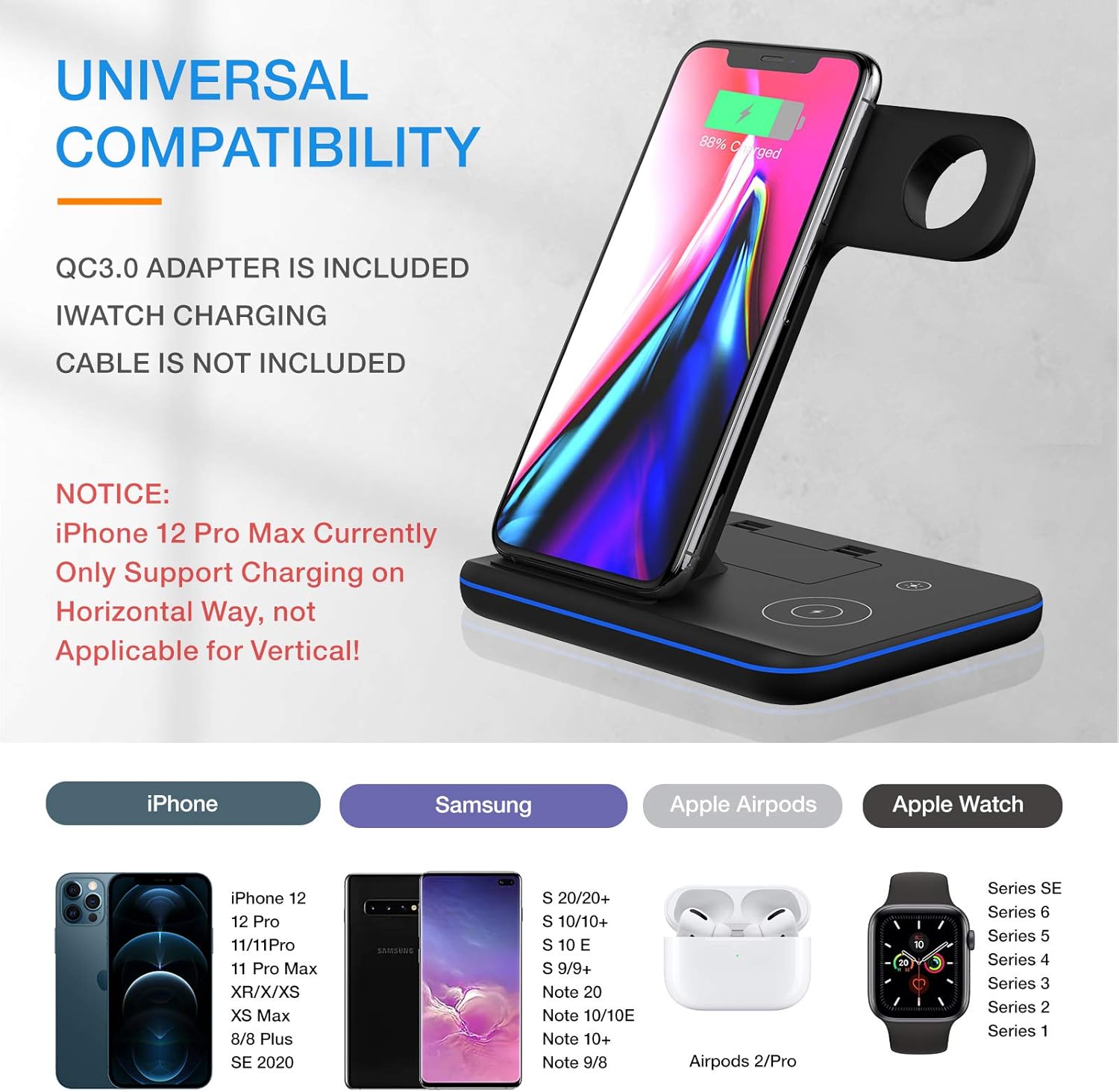 Wireless Charging Station, 3 in 1 Qi Charger for Apple Watch 1/2/3/4/5/SE/6 Airpods 2/pro Wireless Charger for iPhone 12/11/11 Pro/11 Pro Max/XS Max/XS XR Plus Samsung S10 S9 S8 S7: Electronics