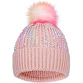 BAOPLAYKIDS Kids Knit Winter Hat with Pompom for Ages 3-14, Toddler Sparkly Sequin Beanie, Soft Warm Snow Ski Cap for Boys & Girls Pink 3-8